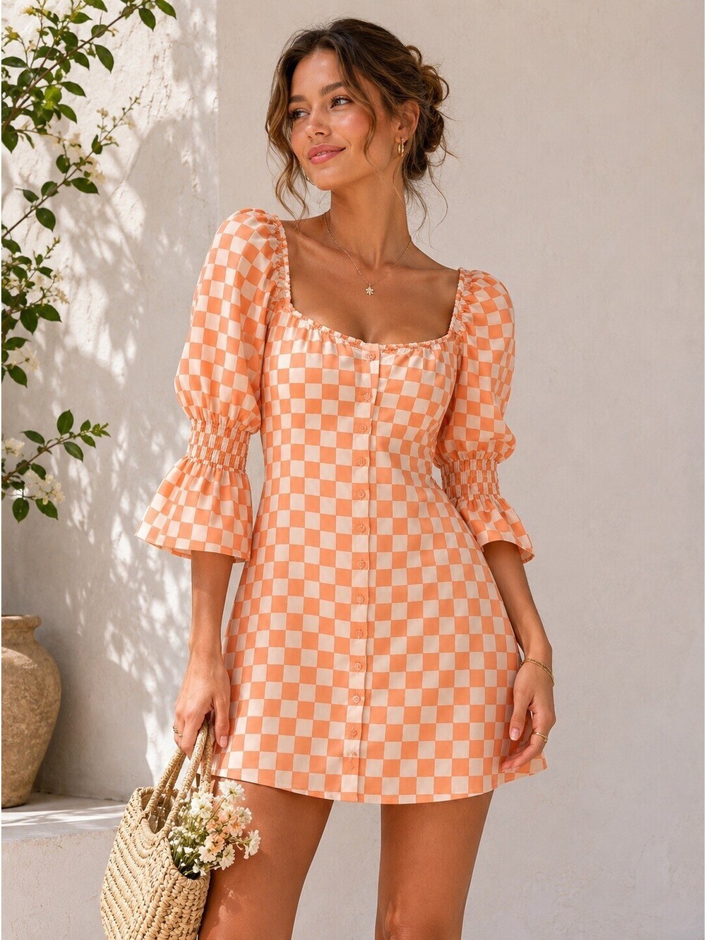 WAYF XL NWT Peach Gingham Smocked A-Line Mini Dress Puff Sleeve Linen Blend